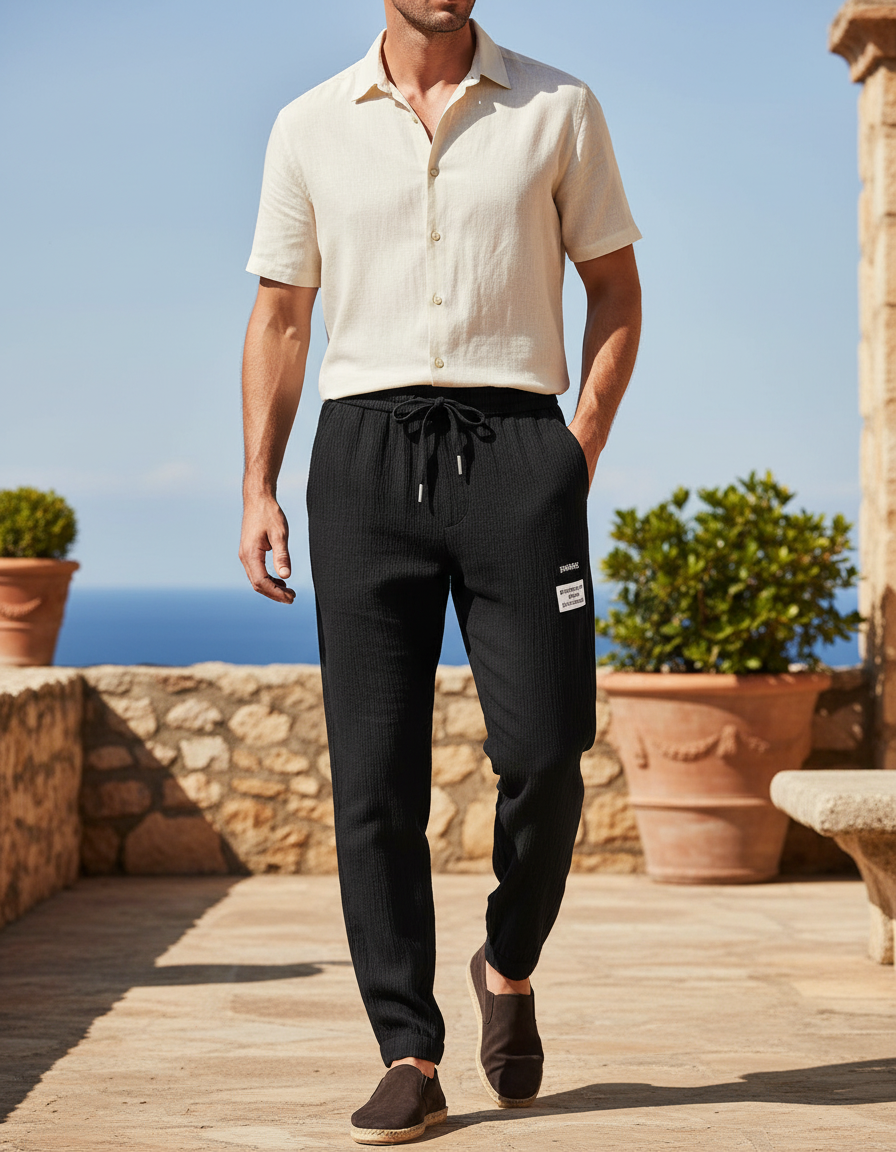 Pantalon En Lin Homme Noir Fluide Léger Décontracté