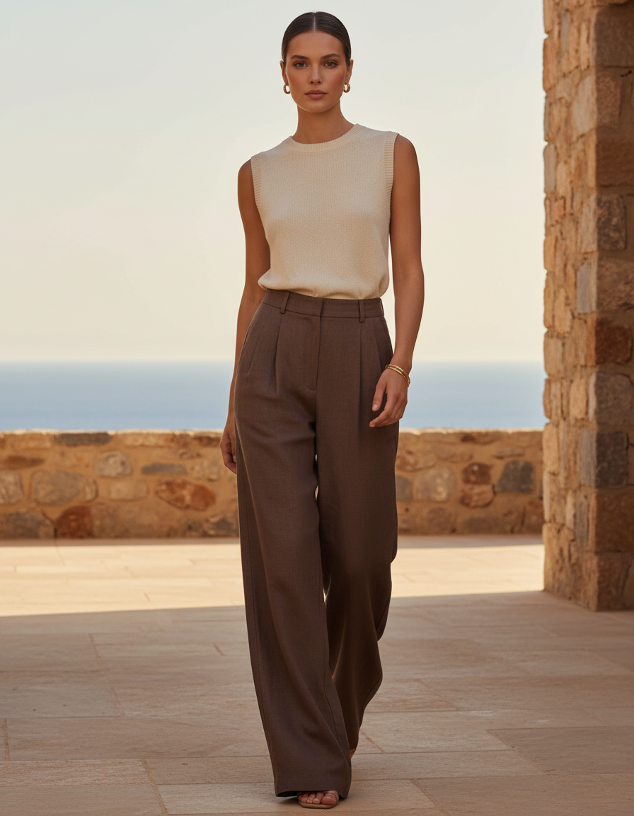 Pantalon En Lin Marron Ample Élégant Décontracté