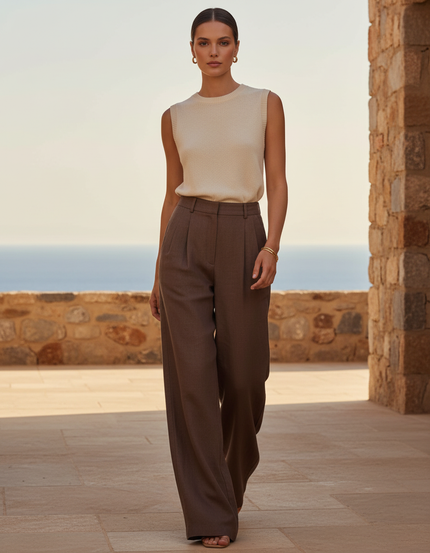 Pantalon En Lin Marron Ample Élégant Décontracté