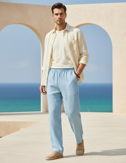 Pantalon En Lin Homme Bleu Ciel Droit Décontracté