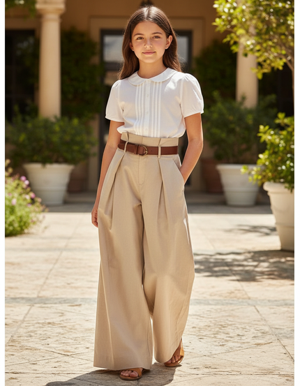 Pantalon En Lin Beige Ample Plissé Confortable Fille
