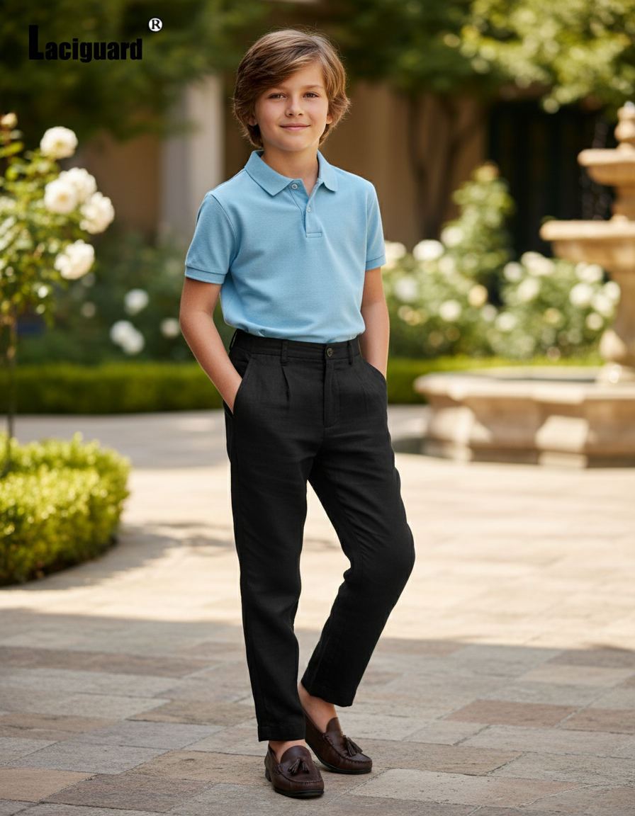 Pantalon En Lin Noir Plissé Décontracté Garçon