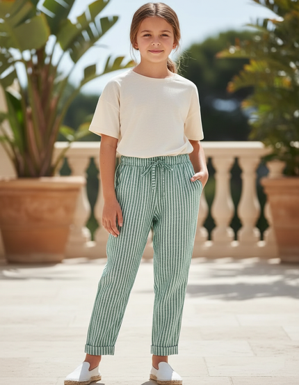 Pantalon En Lin Vert Rayé Ample Fille Décontracté