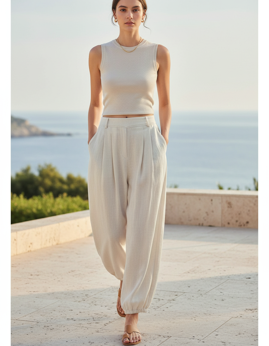 Pantalon En Lin Beige Ample Fluide Décontracté Femme