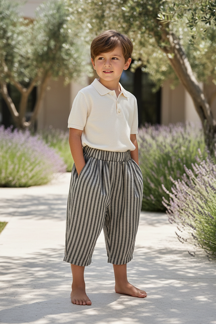 Pantalon En Lin Rayé Ample Décontracté Garçon - Gris