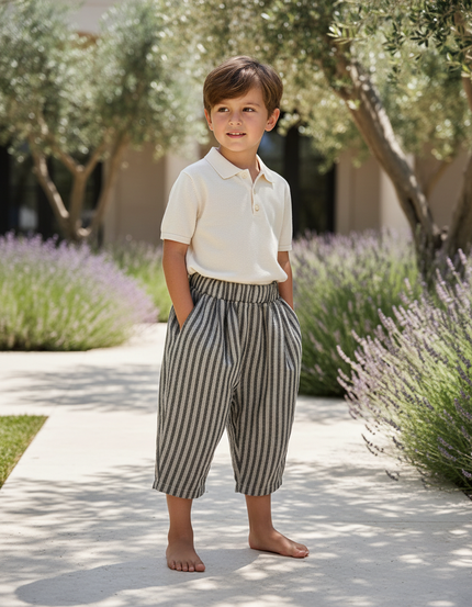 Pantalon En Lin Rayé Ample Décontracté Garçon - Gris