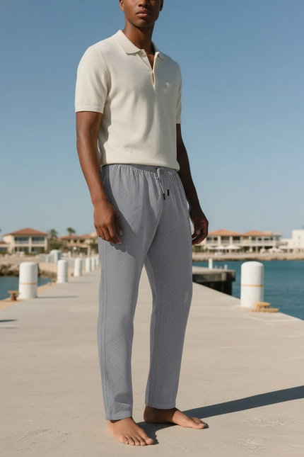Pantalon En Lin Gris Motif Géométrique Droit Décontracté