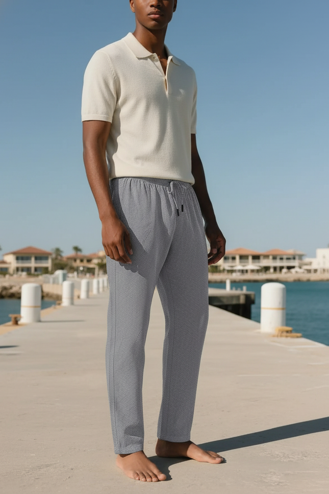 Pantalon En Lin Gris Motif Géométrique Droit Décontracté
