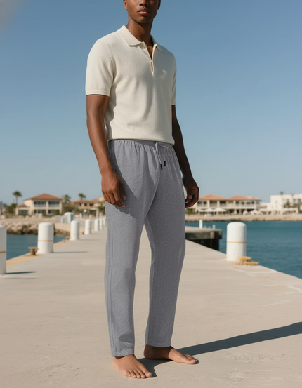 Pantalon En Lin Gris Motif Géométrique Droit Décontracté