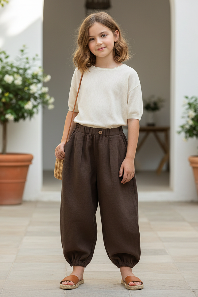 Pantalon En Lin Marron Ample Taille Élastique Confortable