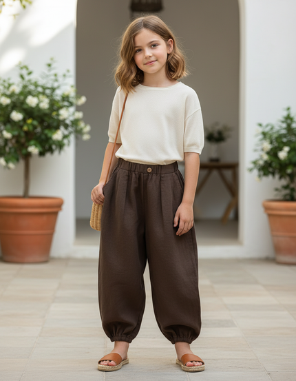 Pantalon En Lin Marron Ample Taille Élastique Confortable