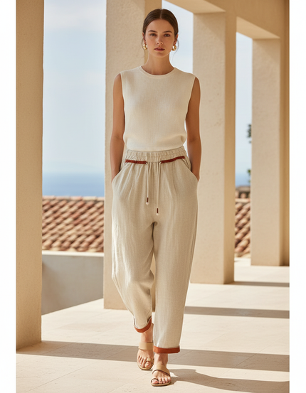 Pantalon En Lin Beige Ample Cordon Décontracté Femme