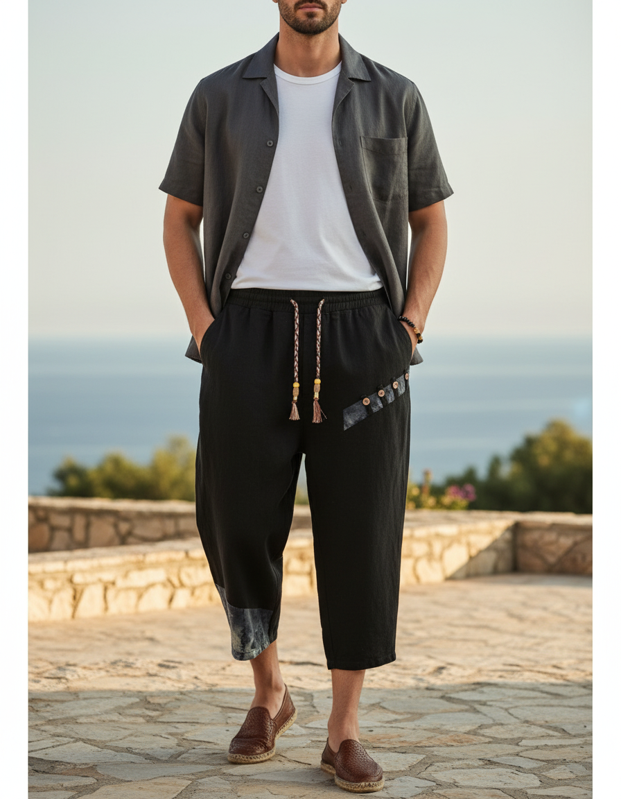 Pantalon En Lin Noir Harem Patchwork Cordon Décontracté Homme