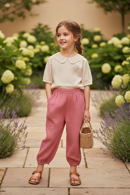 Pantalon En Lin Rose Plissé Ample Fille Léger