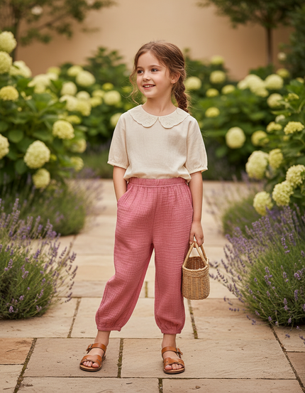 Pantalon En Lin Rose Plissé Ample Fille Léger