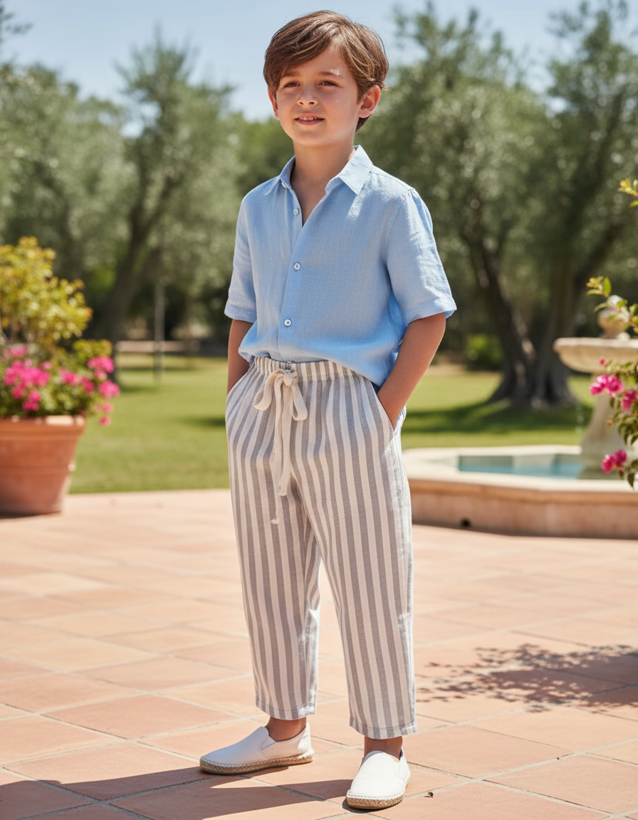 Pantalon En Lin Rayé Ample Cordon Enfant - Gris