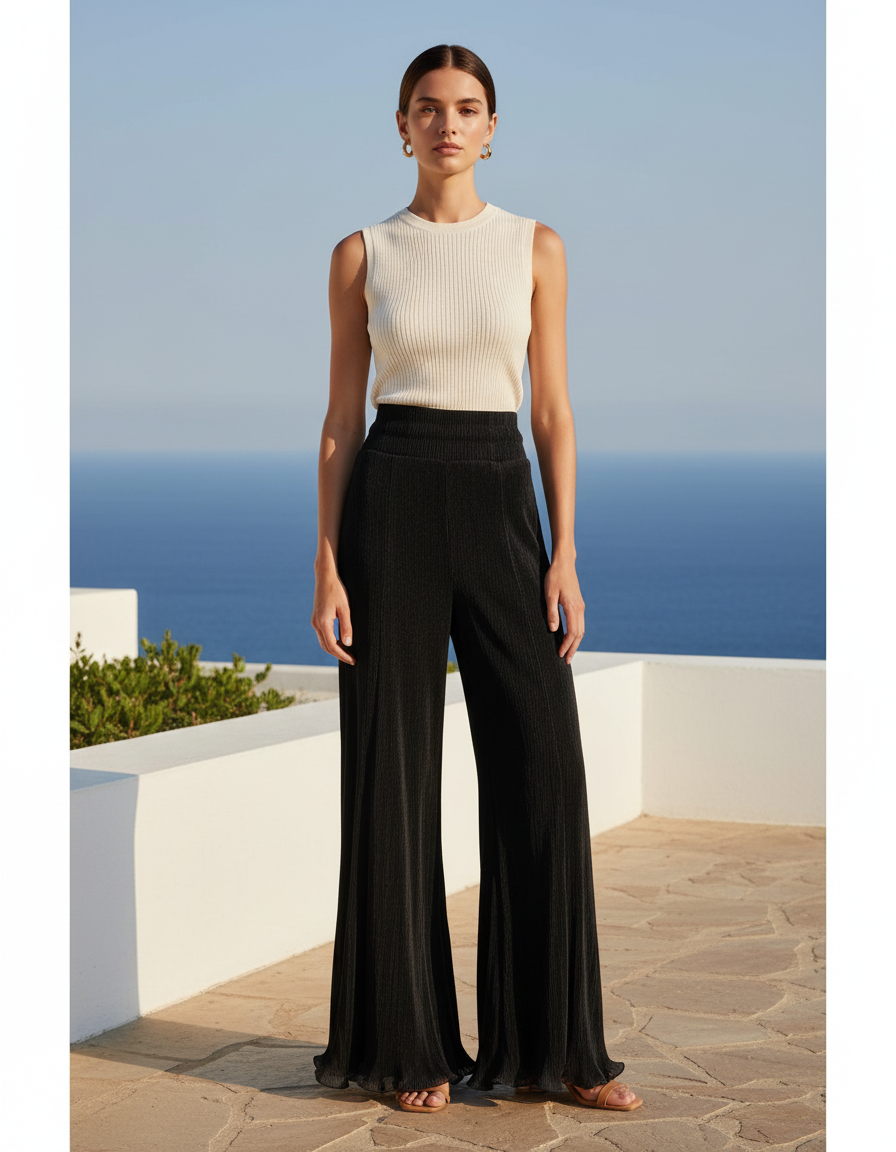 Pantalon En Lin Noir Plissé Ample Fluide Élégant