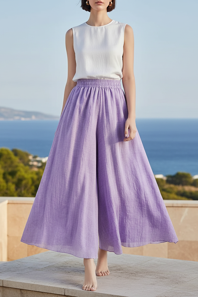 Pantalon En Lin Violet Ample Taille Haute Fluide