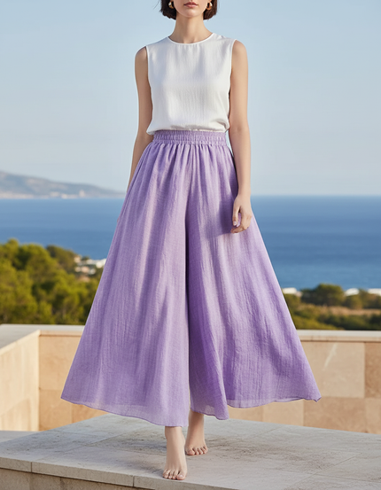 Pantalon En Lin Violet Ample Taille Haute Fluide