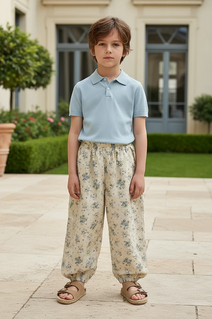 Pantalon En Lin Ample Écru Imprimé Floral Enfant