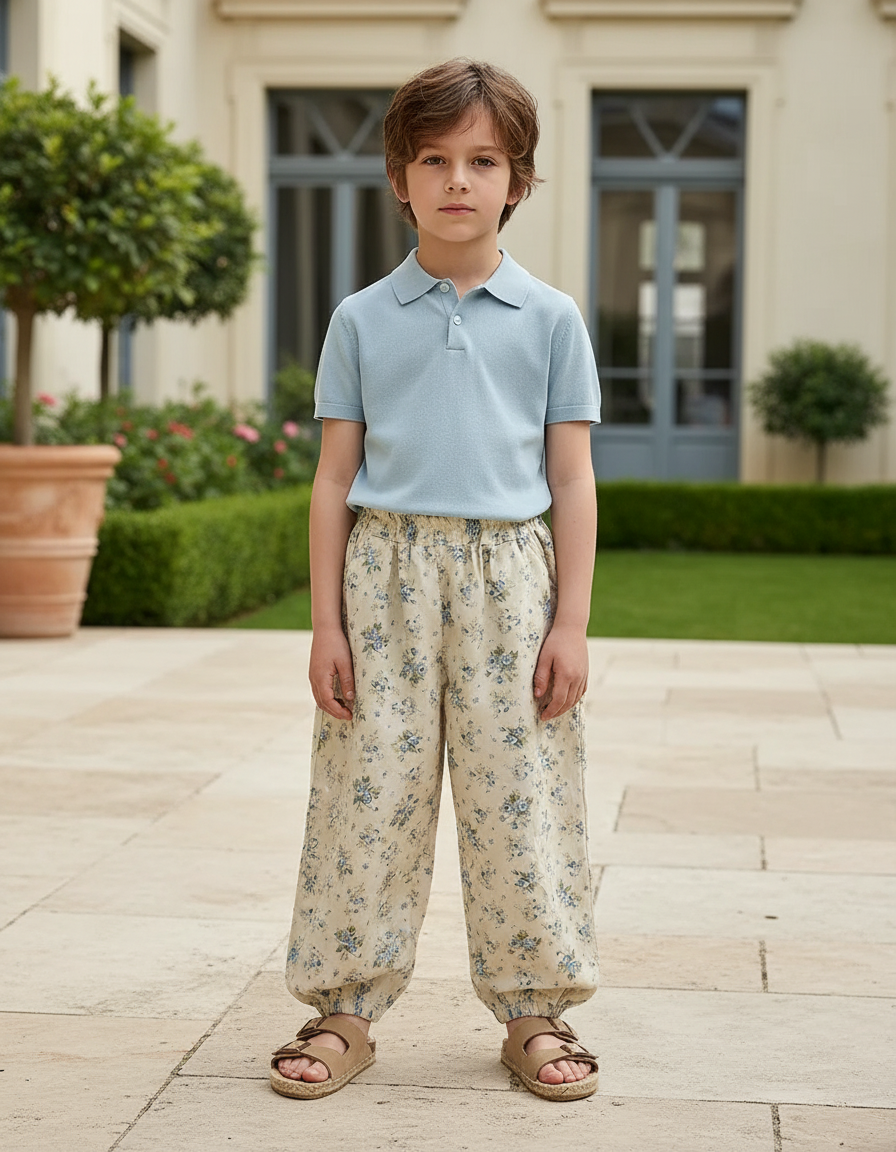 Pantalon En Lin Ample Écru Imprimé Floral Enfant