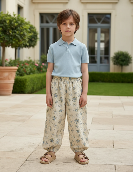 Pantalon En Lin Ample Écru Imprimé Floral Enfant