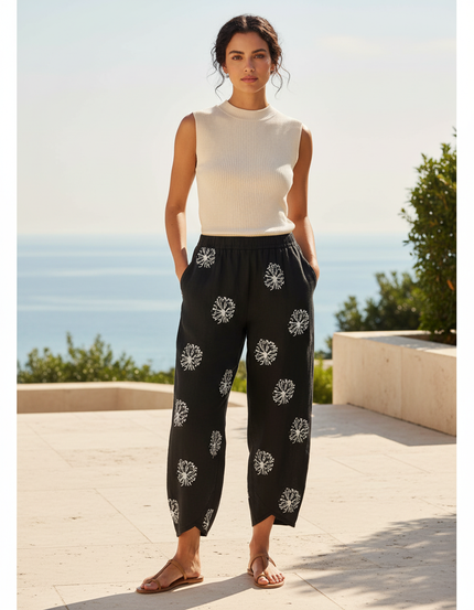 Pantalon En Lin Noir Imprimé Ample Décontracté Femme