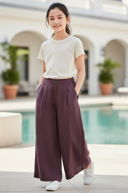 Pantalon En Lin Violet Ample Fluide Confortable Fille