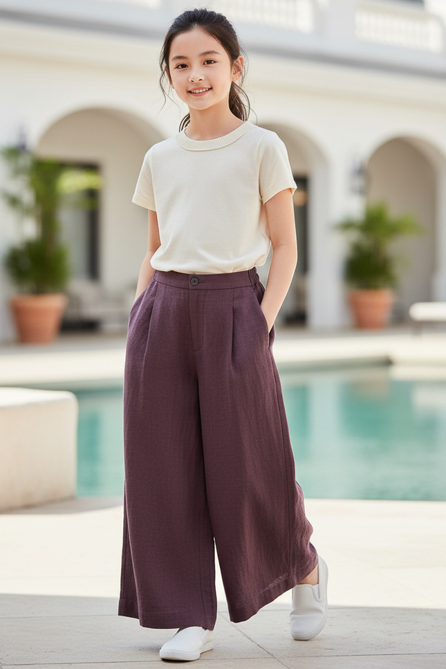 Pantalon En Lin Violet Ample Fluide Confortable Fille
