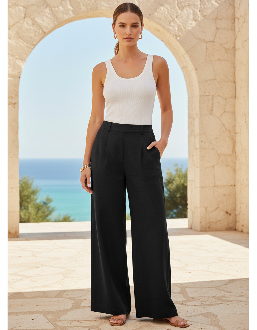 Pantalon En Lin Noir Ample Plissé Fluide Décontracté