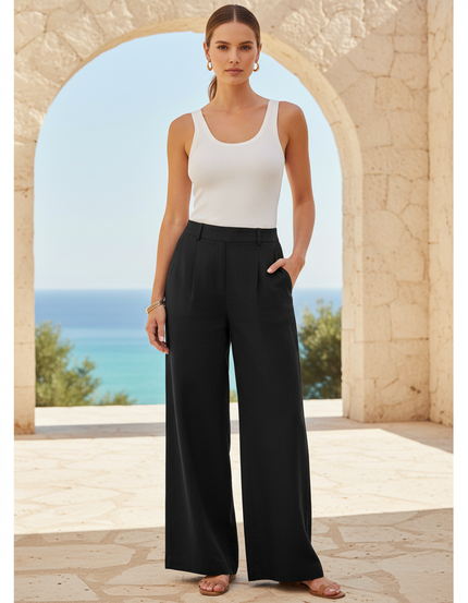 Pantalon En Lin Noir Ample Plissé Fluide Décontracté