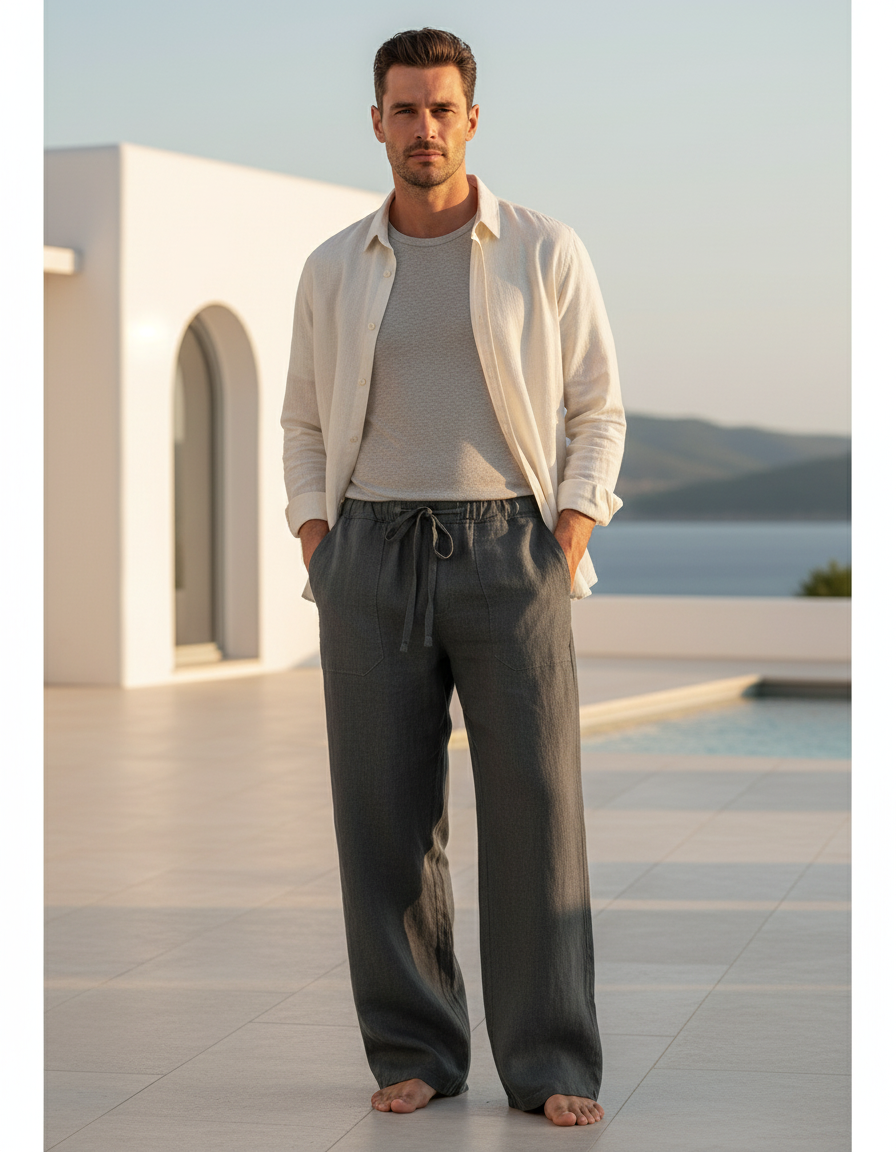 Pantalon En Lin Homme Ample Décontracté Cordon Gris