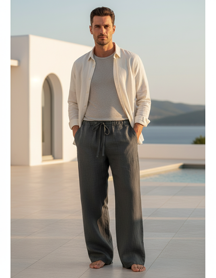 Pantalon En Lin Homme Ample Décontracté Cordon Gris