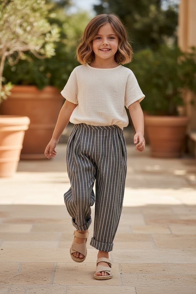 Pantalon En Lin Rayé Gris Ample Enfant Coton Doux