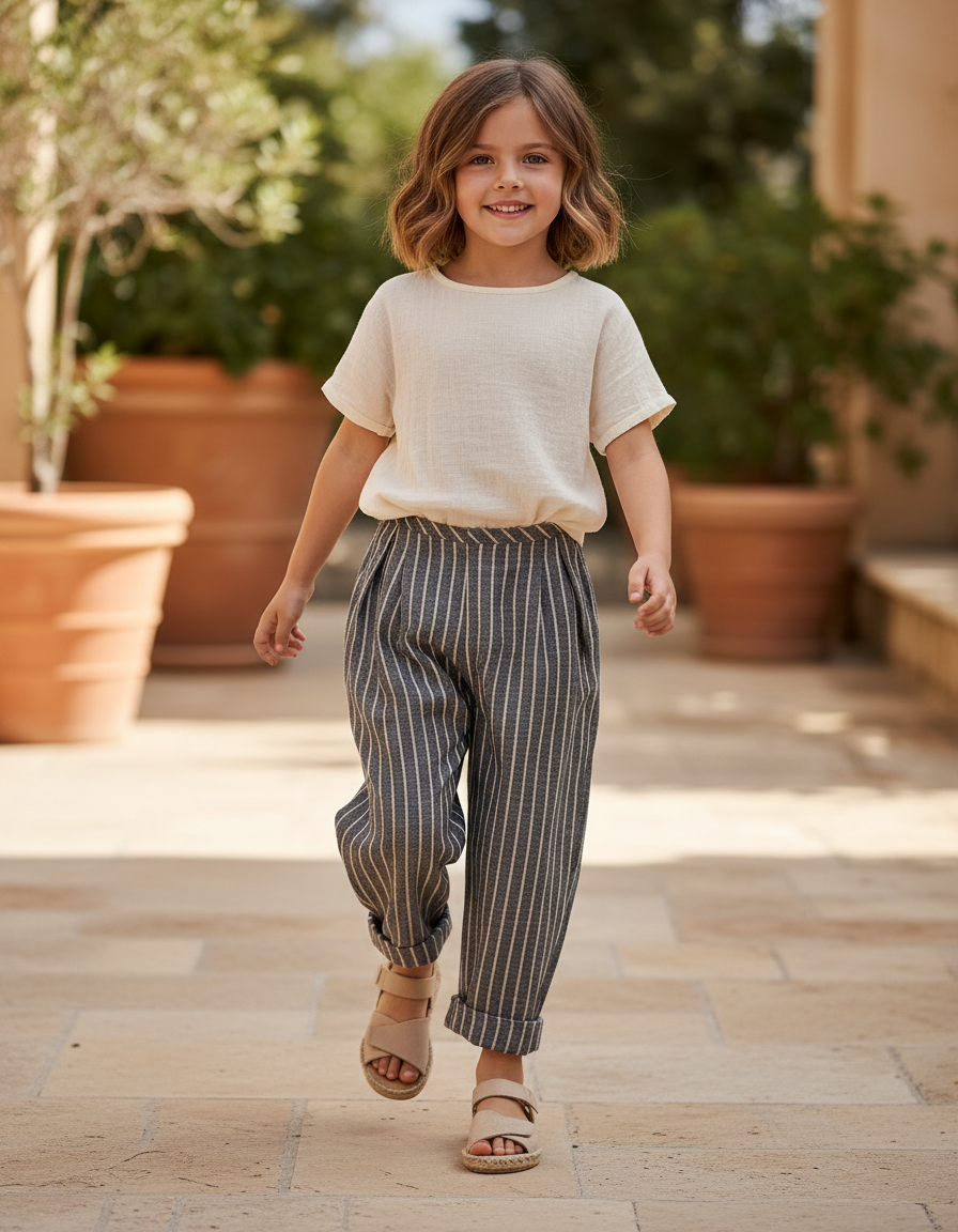 Pantalon En Lin Rayé Gris Ample Enfant Coton Doux