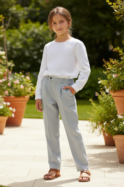Pantalon En Lin Gris Clair Droit Élégant Enfant