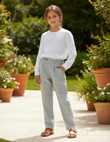 Pantalon En Lin Gris Clair Droit Élégant Enfant