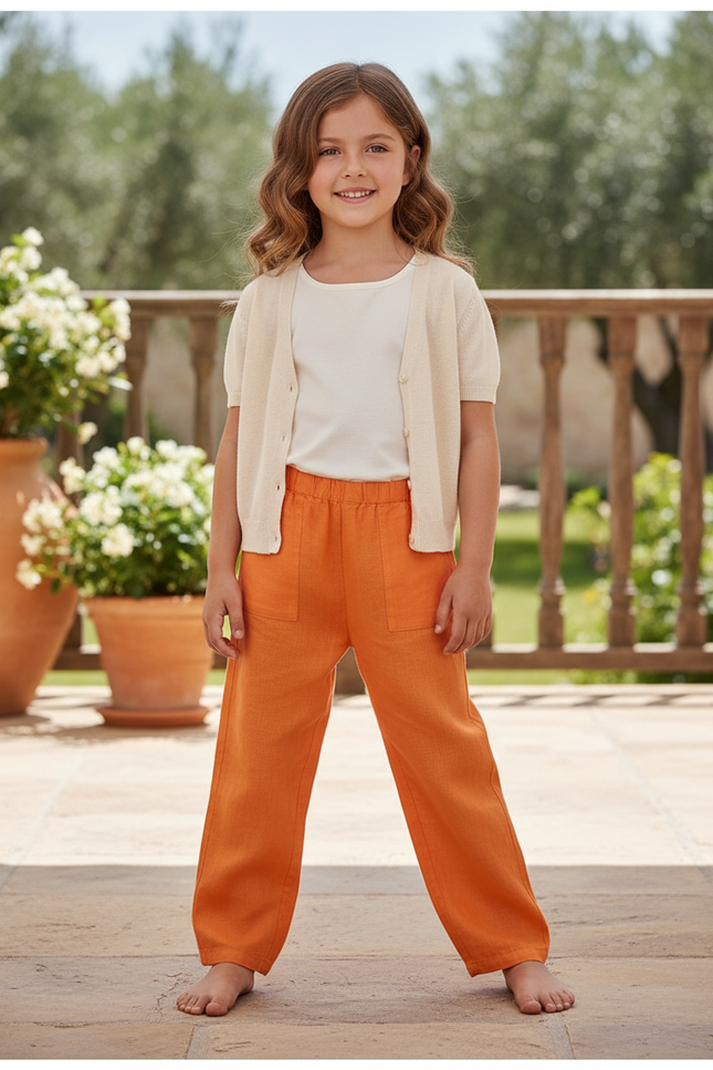 Pantalon En Lin Orange Ample Enfant Léger Fluide