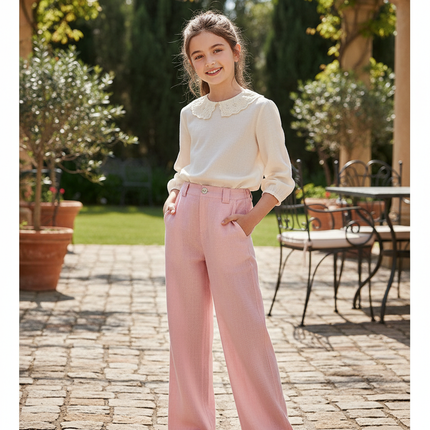 Pantalon En Lin Rose Ample Décontracté Enfant Fluide