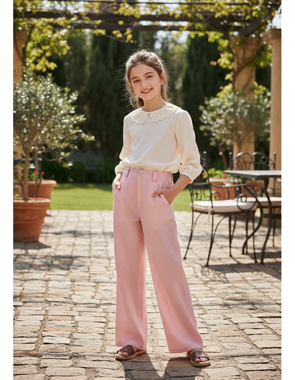 Pantalon En Lin Rose Ample Décontracté Enfant Fluide