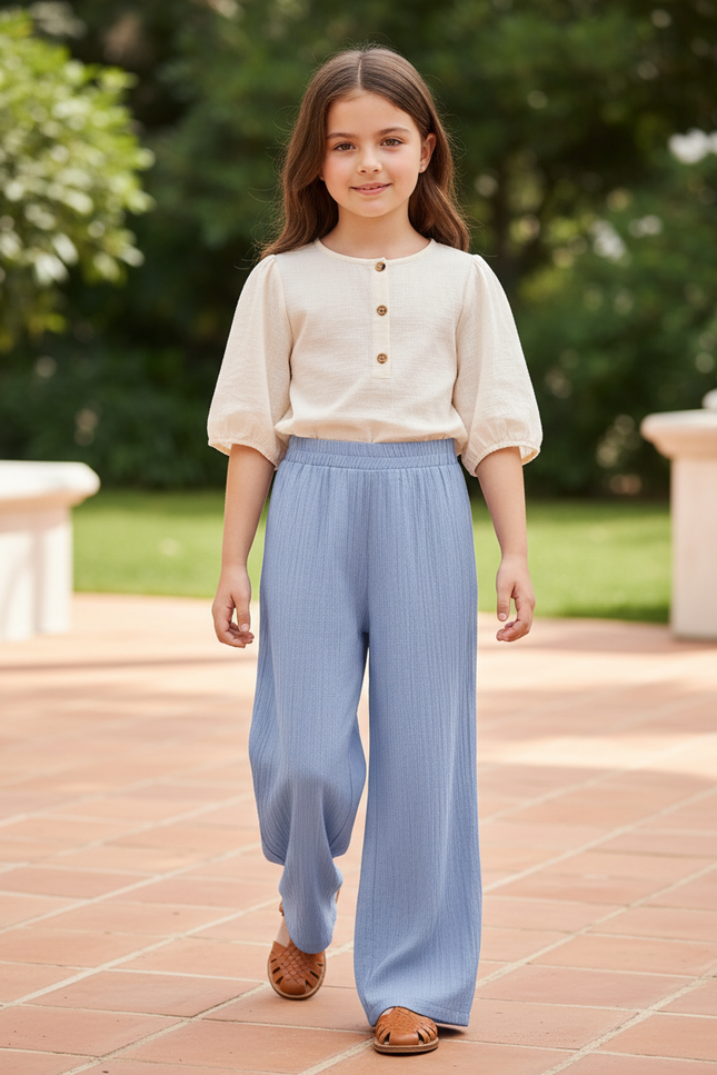 Pantalon En Lin Bleu Côtelé Ample Fluide Décontracté
