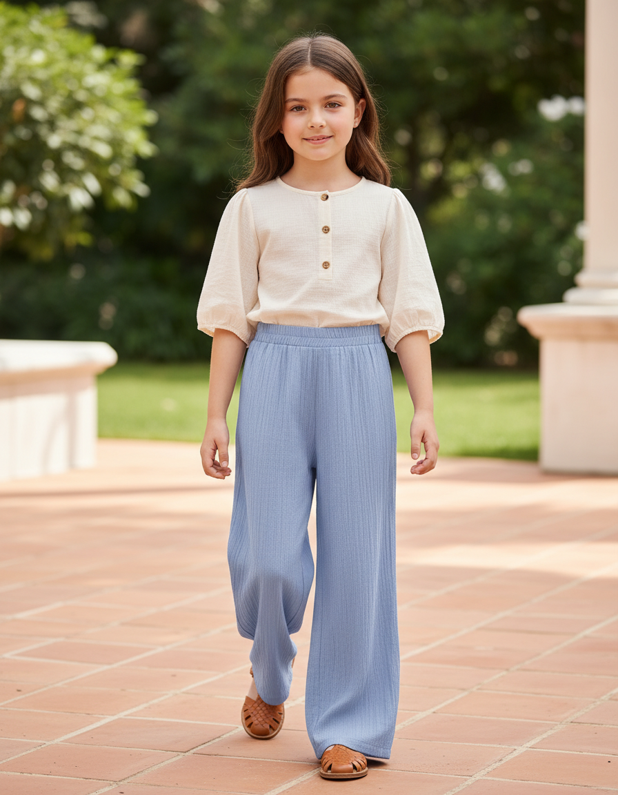 Pantalon En Lin Bleu Côtelé Ample Fluide Décontracté