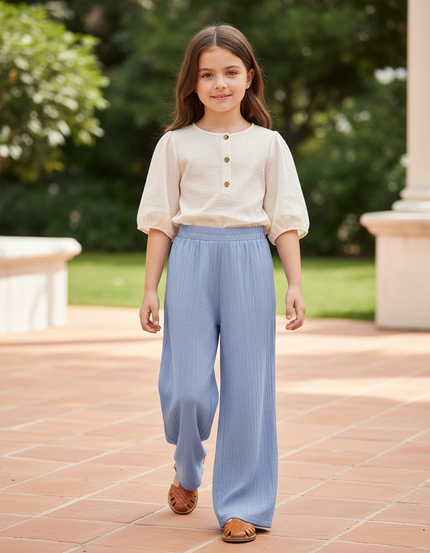 Pantalon En Lin Bleu Côtelé Ample Fluide Décontracté