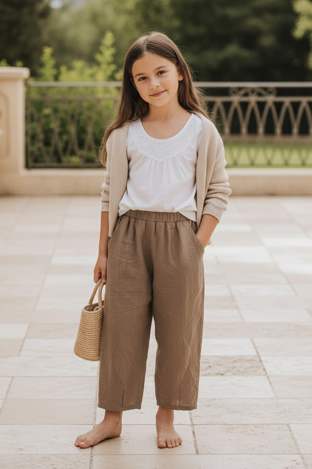 Pantalon En Lin Marron Ample Élastique Enfant