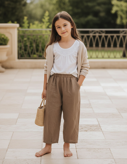 Pantalon En Lin Marron Ample Élastique Enfant