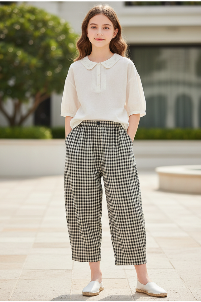 Pantalon En Lin Carreaux Noir Blanc Ample Décontracté - Imprimé