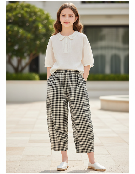 Pantalon En Lin Carreaux Noir Blanc Ample Décontracté - Imprimé