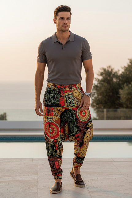 Pantalon En Lin Harem Imprimé Ethnique Fluide Bohème - Multicolore
