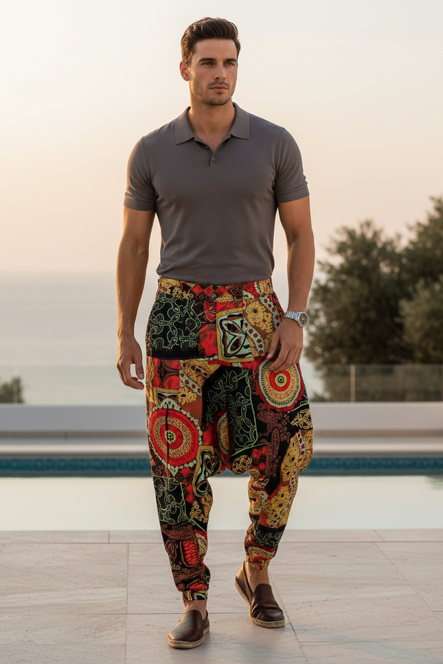 Pantalon En Lin Harem Imprimé Ethnique Fluide Bohème - Multicolore