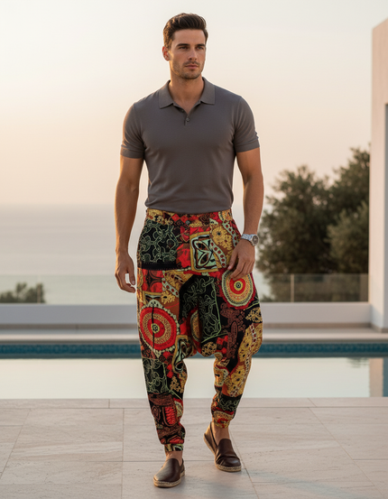 Pantalon En Lin Harem Imprimé Ethnique Fluide Bohème - Multicolore